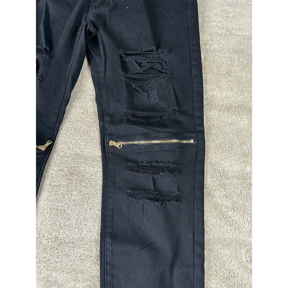 Fashion Nova Men Black Distressed Skinny Jeans Zip Knee Stretch Size 38x31